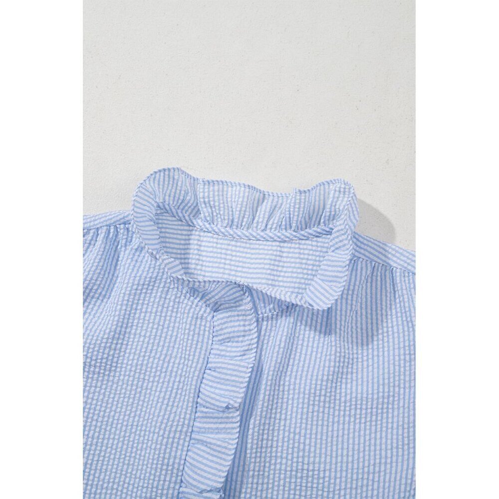 Women's Striped Button Down Shirt Casual Work Top Ruffle Stand Collar - Picture 7 of 8